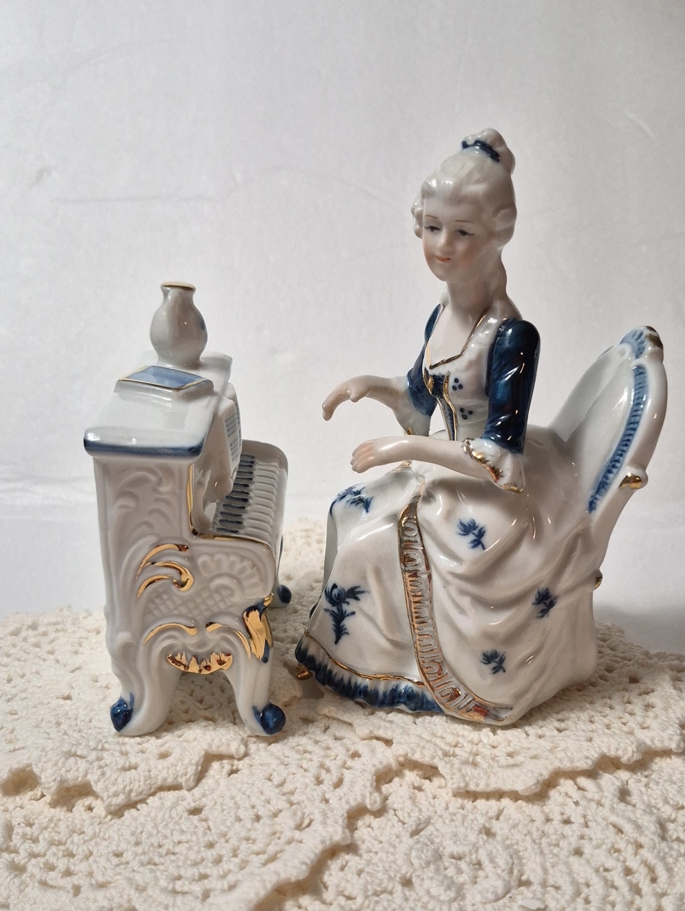 Blue and White Porcelain Victoria Lady at Piano Figurine -70s
